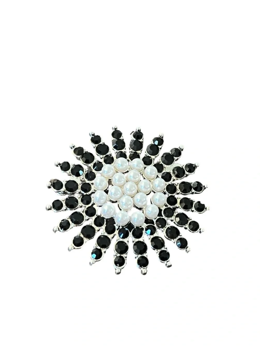 Sterling Silver Black Crystal & White Pearl Sunburst Brooch FINAL PRICE DROP